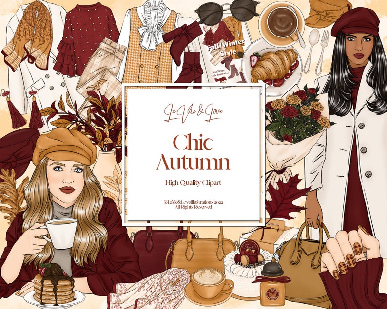 Puede incluir: Una ilustraci&oacute;n digital de dos mujeres con ropa de oto&ntilde;o. Una mujer lleva un su&eacute;ter burdeos, un sombrero marr&oacute;n y sostiene una taza de caf&eacute;. La otra mujer lleva un abrigo blanco, un sombrero marr&oacute;n y sostiene un bolso de mano marr&oacute;n. La ilustraci&oacute;n incluye un ramo de rosas rojas, un plato de croissants y una taza de caf&eacute;. El texto "Chic Oto&ntilde;o" aparece en el centro de la imagen.