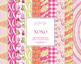 May include: A set of 10 digital papers featuring various patterns in pink, orange, gold, and white. The patterns include hearts, stripes, polka dots, and the words "XOXO".