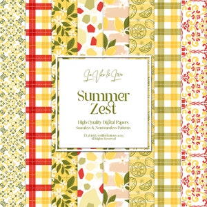 Pacchetto di carta digitale Summer Zest, Giallo Verde Rosso Astratto Modelli senza cuciture e senza cuciture, Motivi floreali, Carte decorative Scrapbooking