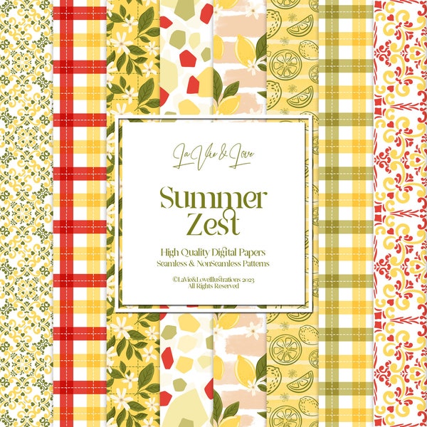 Summer Zest Digital Paper Pack, Yellow Green Red Abstract Seamless & Non-Seamless Patterns, Floral Patterns, Scrapbooking Decorative Papers