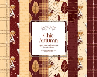 Chic Autumn Digital Paper Pack, Fall Seamless Patterns, Plaid Fabric Pattern, Scrapbook Papers, Planner Background Paper, Red and Yellow