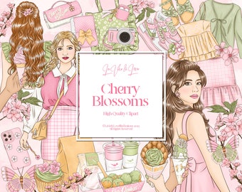 Lentebloesems Clipart Set, Kersenbloesems, Sakura Ice Cream Clipart, Fashion Girl Illustratie, Roze Groene Planner Sticker Clipart