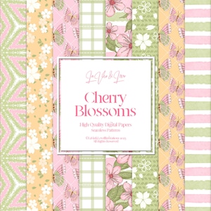 Paquete de papel digital de flores de cerezo, patrones sin costuras, patrón de flor de sakura, rosa, verde, amarillo patrones florales de primavera, Planner Washi