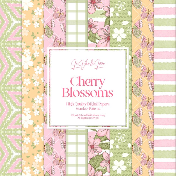 Cherry Blossoms Digital Paper Pack, Seamless Patterns, Sakura Flower Pattern, Pink, Green, Yellow Spring Floral Patterns, Planner Washi