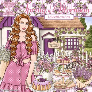 以下が含まれることがあります： 「Spring Afternoon」と題されたデジタルイラスト。ピンクのドット柄の衣装を着た女性、コテージ、花の要素が描かれています。画像には「LaVie&LoveArts」と「The Cottage Inn & Garden」というテキストが含まれています。