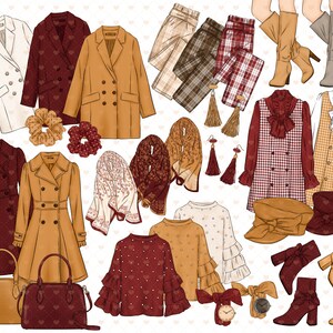Chic Autumn Clipart, Fall Winter Fashion Girls Outfit Digital Illustrations, Coffee, Pastelry, Parisian Café Aesthetics, Planner Stickers imagen 3