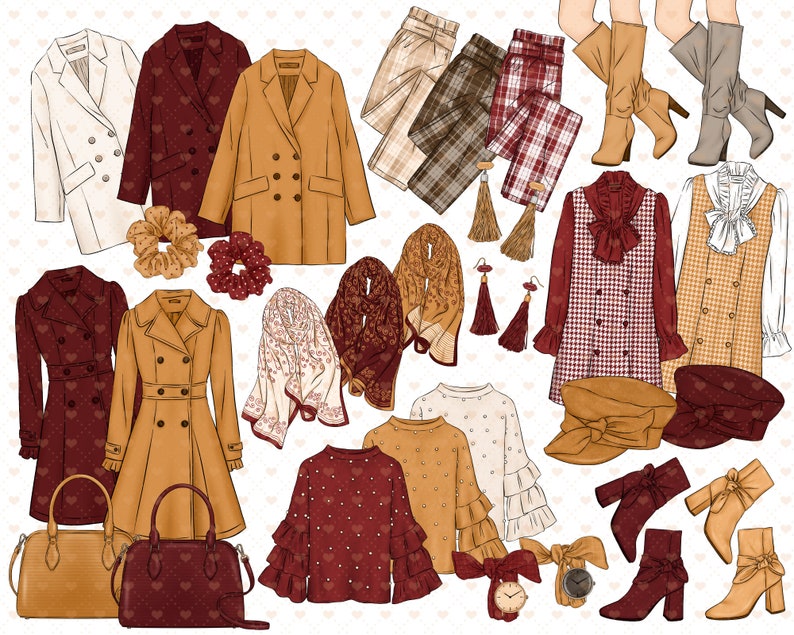 Chic Autumn Clipart, Fall Winter Fashion Girls Outfit Digital Illustrations, Coffee, Pastelry, Parisian Café Aesthetics, Planner Stickers imagen 3