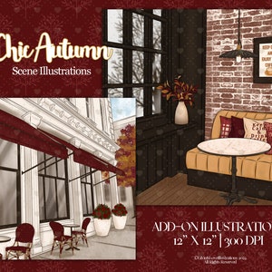 May include: A digital illustration of a cafe scene with a brick wall, a window, and a booth with a table and chairs. The cafe is decorated with fall foliage and a sign that says "Keep Calm and Enjoy Your Coffee". The illustration is 12 inches by 12 inches and 300 DPI.