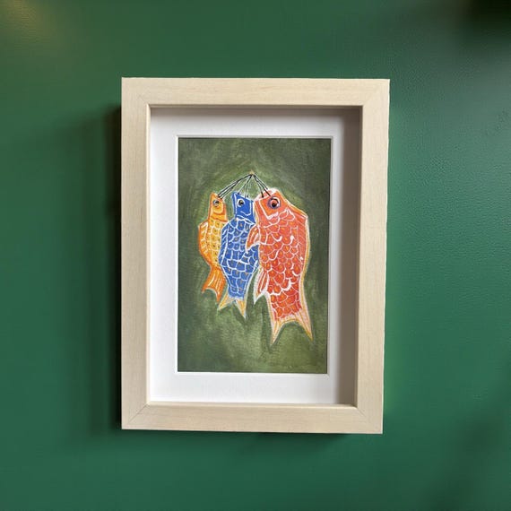 Original Koinobori Gouache Painting, Japanese Fish Lantern Art, Japan Art, Trending Art, Etsy Pick, Lanterns, Paper Art, Fish Artwork Paint