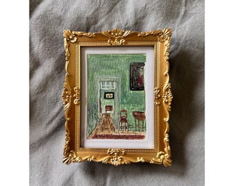 Miniature Framed Painting of a Cozy Vintage Room Interior Hand-Painted Tiny Artwork in Ornate Gold Frame, Small Mini Tiny Interior Wall Art