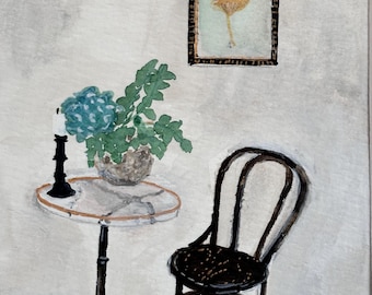 Original Watercolour Painting, Bentwood Chair, Marble Bistro (10x15cm), Cafe Art, Chair Painting, Mini Small Original Artwork, Cafe Chair
