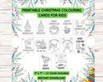 May include: Printable Christmas coloring cards for kids. The cards feature festive illustrations of Christmas trees, ornaments, snow globes, and Santa Claus. The cards measure 5" x 7" and include 12 designs. The text includes "Merry Christmas" and "Happy Holidays".