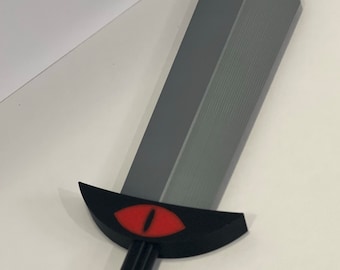 May include: A gray sword with a black handle and guard. The guard features a red eye design. The blade has a ridged texture. A decorative item for fantasy enthusiasts.