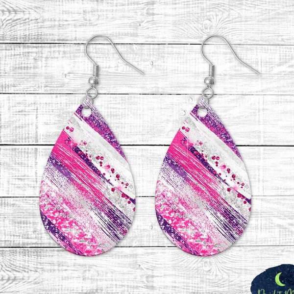 Hot Pink, Purple, and White Glitter Milky Way Earrings, School Colors, PNG Sublimation Designs, Teardrop Earrings, Instant Download