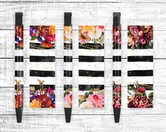 Pen Wrap Set, Flower Designs, Summer Florals, Black and White Striped, PNG Sublimation Design, Instant Digital Download, Mockup Included