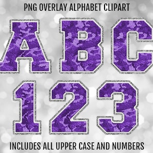 May include: Purple and silver glitter alphabet and number clipart with a camouflage pattern.  Includes all upper case letters and numbers.