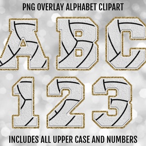 Volleyball and Gold Glitter Faux Chenille Varsity PNG Alphabet Letters and Numbers Bundle, PNG Sublimation Font Clipart, Digital Download
