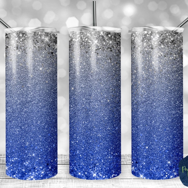 Silver and Royal Blue Ombre Glitter, PNG Sublimation Design, School Colors, 20 oz Skinny Tumbler, Instant Digital Download, Mockup Included