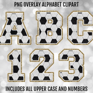 Soccer and Gold Glitter Faux Chenille Varsity PNG Alphabet Letters and Numbers Bundle, PNG Sublimation Font Clipart, Digital Download