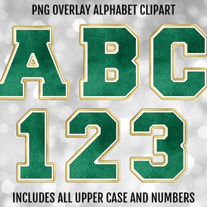 Pacote de letras e números do alfabeto PNG Hunter Green, Yellow e White Varsity, clipart de fonte de sublimação PNG, download digital instantâneo