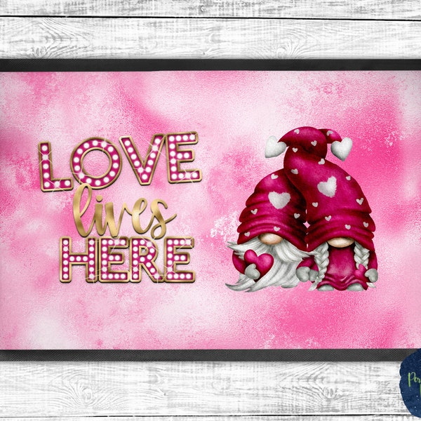 Love Lives Here, Gnome Couple, Valentine's Day, Marquee Lights, PNG Sublimation Design, Welcome Mat, Instant Download, Mockup Included