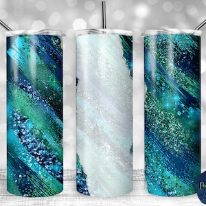 Blue, Teal, and Green Glitter Milky Way, Tear Blank, PNG Sublimation Design, 20 oz Skinny Tumbler, Instant Download, Mockup Included