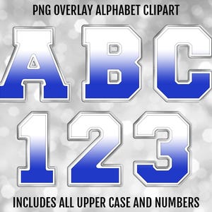 May include: Blue and white gradient uppercase letters A, B, C and numbers 1, 2, 3 with a white outline.  The letters and numbers are in a varsity style font.  Includes all upper case letters and numbers. PNG overlay alphabet clipart.