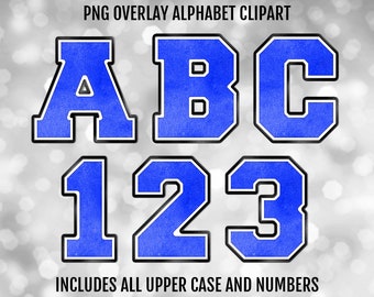 Blue, Black, and White Varsity PNG Alphabet Letters and Numbers Bundle, PNG Sublimation Font Clipart, Instant Digital Download