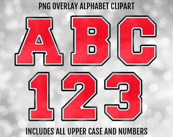 Red, Black, and White Varsity PNG Alphabet Letters and Numbers Bundle, PNG Sublimation Font Clipart, Instant Digital Download