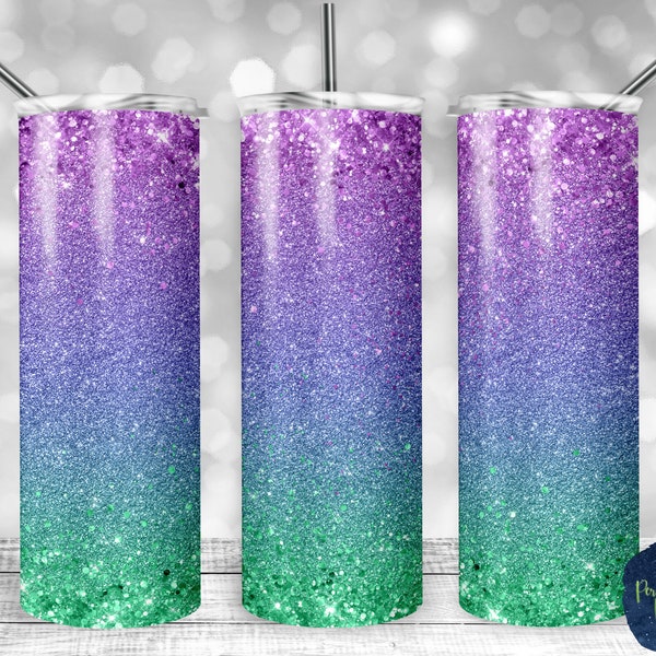 Purple Blue and Green Ombre Glitter, PNG Sublimation Design, 20 oz Skinny Tumbler, Instant Digital Download, Mockup Included