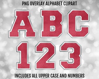 Maroon, Silver, and White Varsity PNG Alphabet Letters and Numbers Bundle, PNG Sublimation Font Clipart, Instant Digital Download