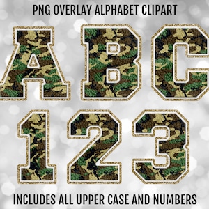 Green Camo and Gold Glitter Faux Chenille PNG Alphabet Letters and Numbers Bundle, PNG Sublimation Font Clipart, Instant Digital Download
