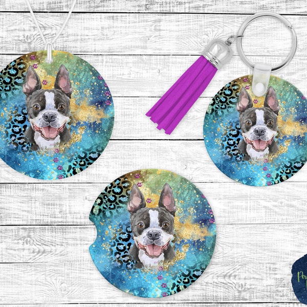 Dog, Boston Terrier, Car Coaster, Car Freshie, Keychain, Glitter Galaxy, Leopard Print, PNG Sublimation Design, Digital Download