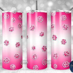 Pink Gemstone Paw Prints, Pink Ombre, PNG Sublimation Design, 20 oz Tumbler, Pets, Instant Digital Download, Mockup Included