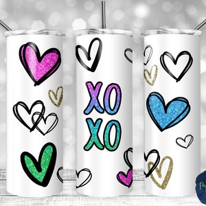 Valentine&#39;s Day XOXO, Doodle Hearts, Glitter Hearts, PNG Sublimation Design, 20 oz Skinny Tumbler, Instant Download, Mockup Included