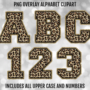 Leopard Print and Gold Glitter Faux Fur Chenille PNG Alphabet Letters and Numbers Bundle, PNG Sublimation Font Clipart, Digital Download