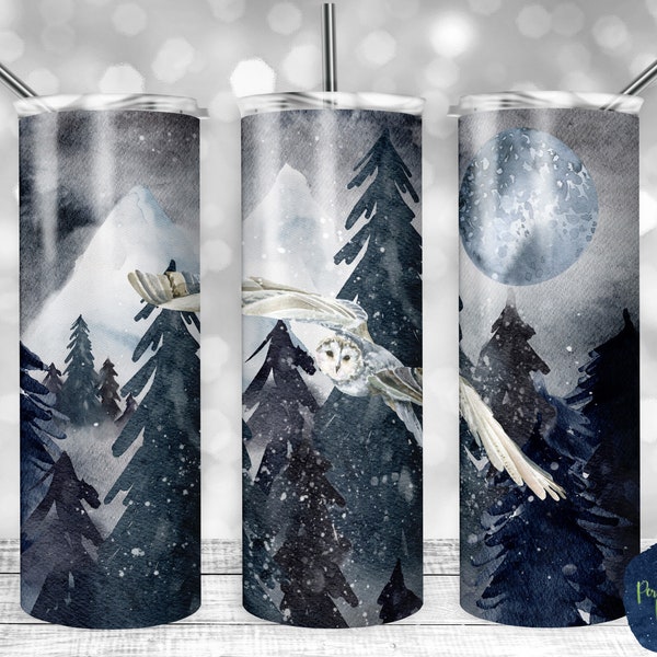 Snow Owl, Mountain Tree Line, Full Moon Night, PNG Sublimation Design, 20 oz Skinny Tumbler, Instant Digital Download, Mockup Included