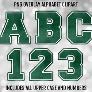Paquete de letras y números del alfabeto PNG universitario verde y blanco, imágenes prediseñadas de fuente de sublimación PNG, descarga digital, colores escolares, deportes
