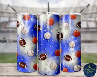 Azul y blanco, béisbol, baloncesto, fútbol, deportes de acuarela, diseño de sublimación PNG, vaso delgado de 20 oz, descarga instantánea, maqueta