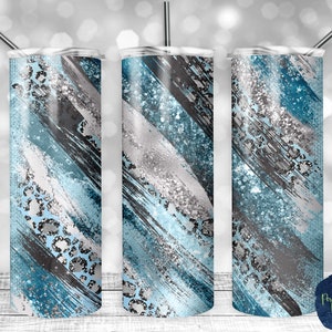 Snow Leopard Print Milky Way, Blue, Silver Glitter, PNG Sublimation Design, 20 oz Skinny Tumbler, Instant Digital Download, Mockup Included
