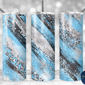 Sky Blue Gray and Silver Leopard Print Glitter Milky Way, Tear Blank, PNG Sublimation Design, 20 oz Skinny Tumbler, Instant Download, Mockup