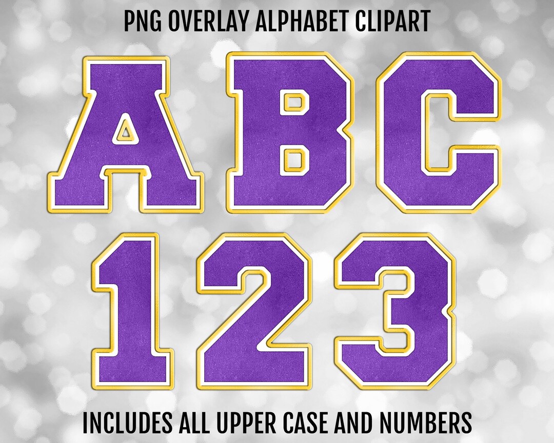 Purple, Yellow, and White Varsity PNG Alphabet Letters and Numbers