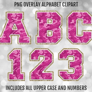 Pink Camo and Gold Glitter Faux Chenille PNG Alphabet Letters and Numbers Bundle, PNG Sublimation Font Clipart, Instant Digital Download