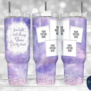 May include: A stainless steel tumbler with a purple galaxy design and glitter accents. The tumbler has a white handle and a straw. The text "Your light will always shine in my heart" is printed on the tumbler. There are also four blank spaces for pictures.