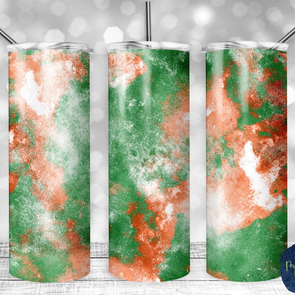 Green Orange and White Abstract Paint, Grunge, Team Colors, PNG Sublimation Design, 20 oz Skinny Tumbler, Instant Download, Mockup Included