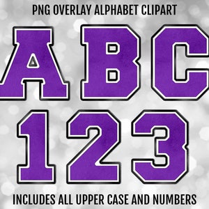 Purple, White, and Black Varsity PNG Alphabet Letters and Numbers Bundle, PNG Sublimation Font Clipart, Instant Digital Download