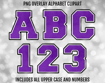 Purple, White, and Black Varsity PNG Alphabet Letters and Numbers Bundle, PNG Sublimation Font Clipart, Instant Digital Download