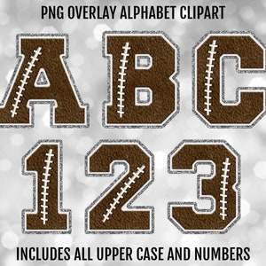 Fotboll och silverglitter Faux Chenille Varsity PNG alfabetet bokstäver och siffror paket, PNG sublimering typsnitt clipart, digital nedladdning