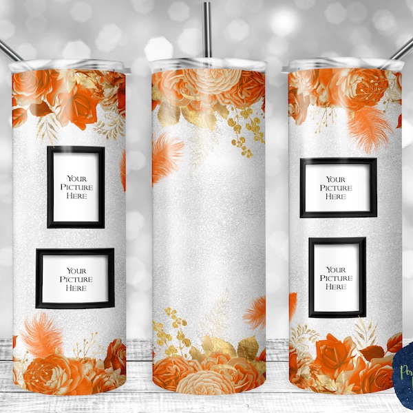 Orange and Gold Florals with PNG Picture Frames, Sublimation Design, 20 oz Skinny Tumbler, Instant Digital Download, Mockup Included