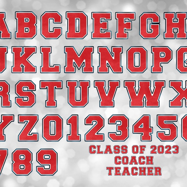 Navy Blue, Red, and White Varsity PNG Alphabet Letters and Numbers Bundle, PNG Sublimation Font Clipart, Instant Digital Download